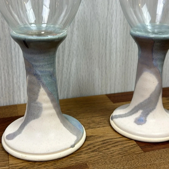 Pottery Stem Wine Glasses Set Ceramic Unique Artsy Goblet MCM Blue Purple - Picture 3 of 5
